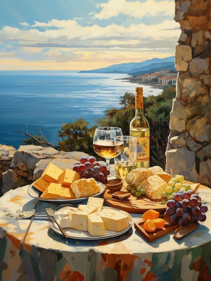 צביעה לפי מספרים - ציור ארוחת גבינות מול הים