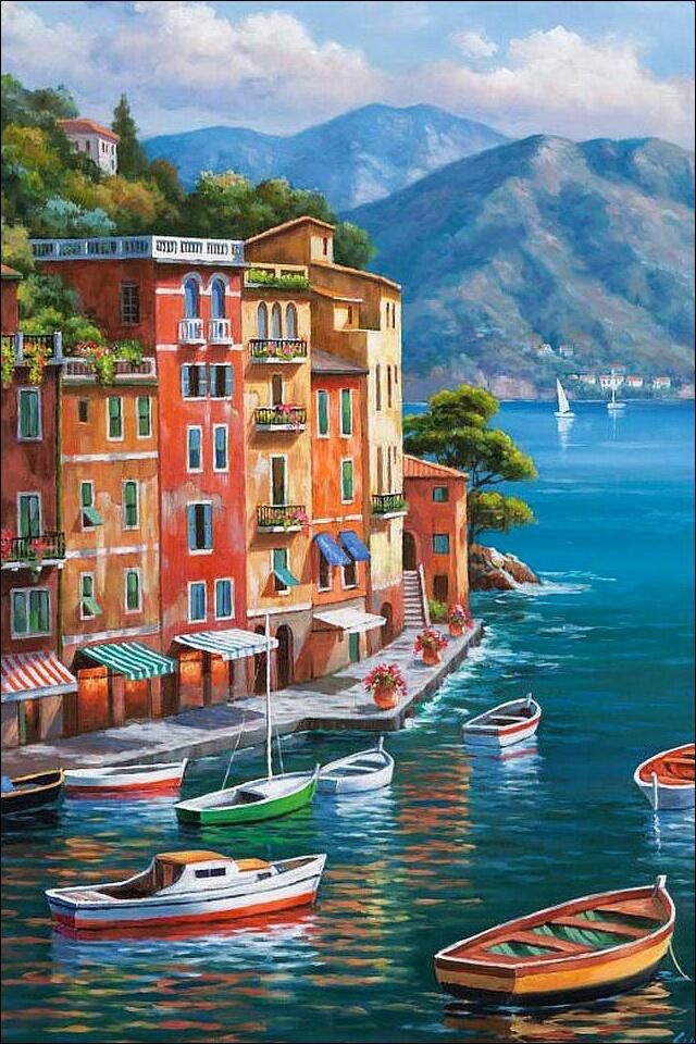 צביעה לפי מספרים - ציור עיירת חוף צבעונית