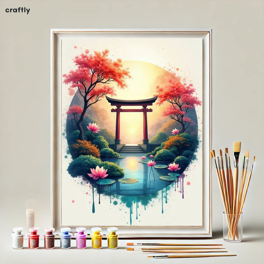 צביעה לפי מספרים - ציור שער יפני ואגם לוטוסים