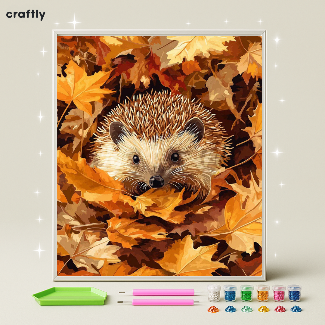 ציור יהלומים - קיפוד בין עלי שלכת