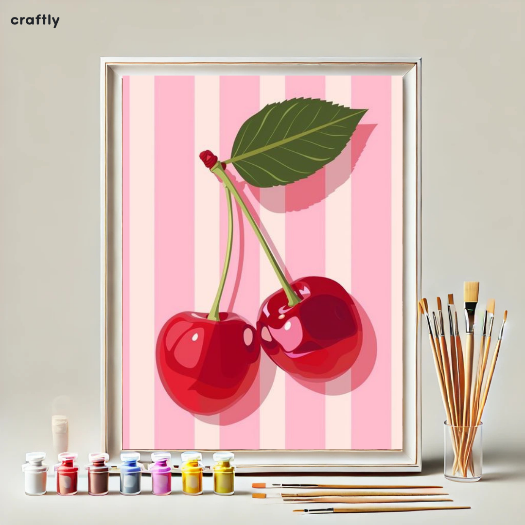 צביעה לפי מספרים - דובדבנים על רקע פסים ורודים