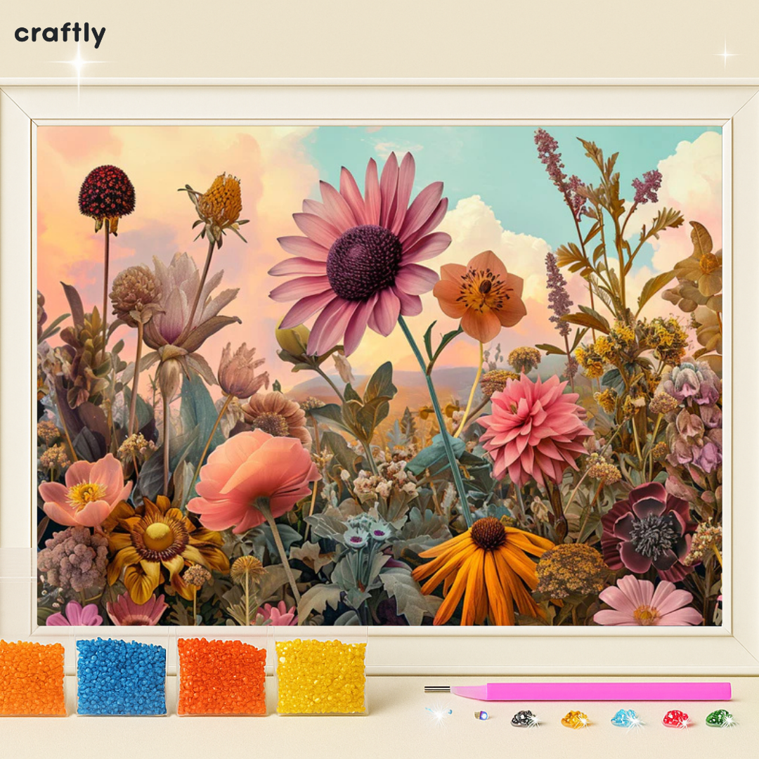 ציור יהלומים – פרחי שדה בשקיעה
