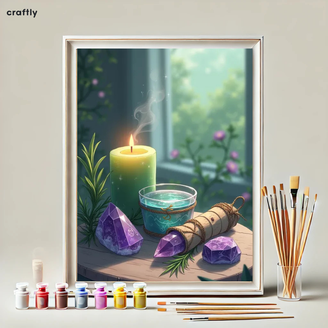 צביעה לפי מספרים – ציור קריסטלים ונר ירוק