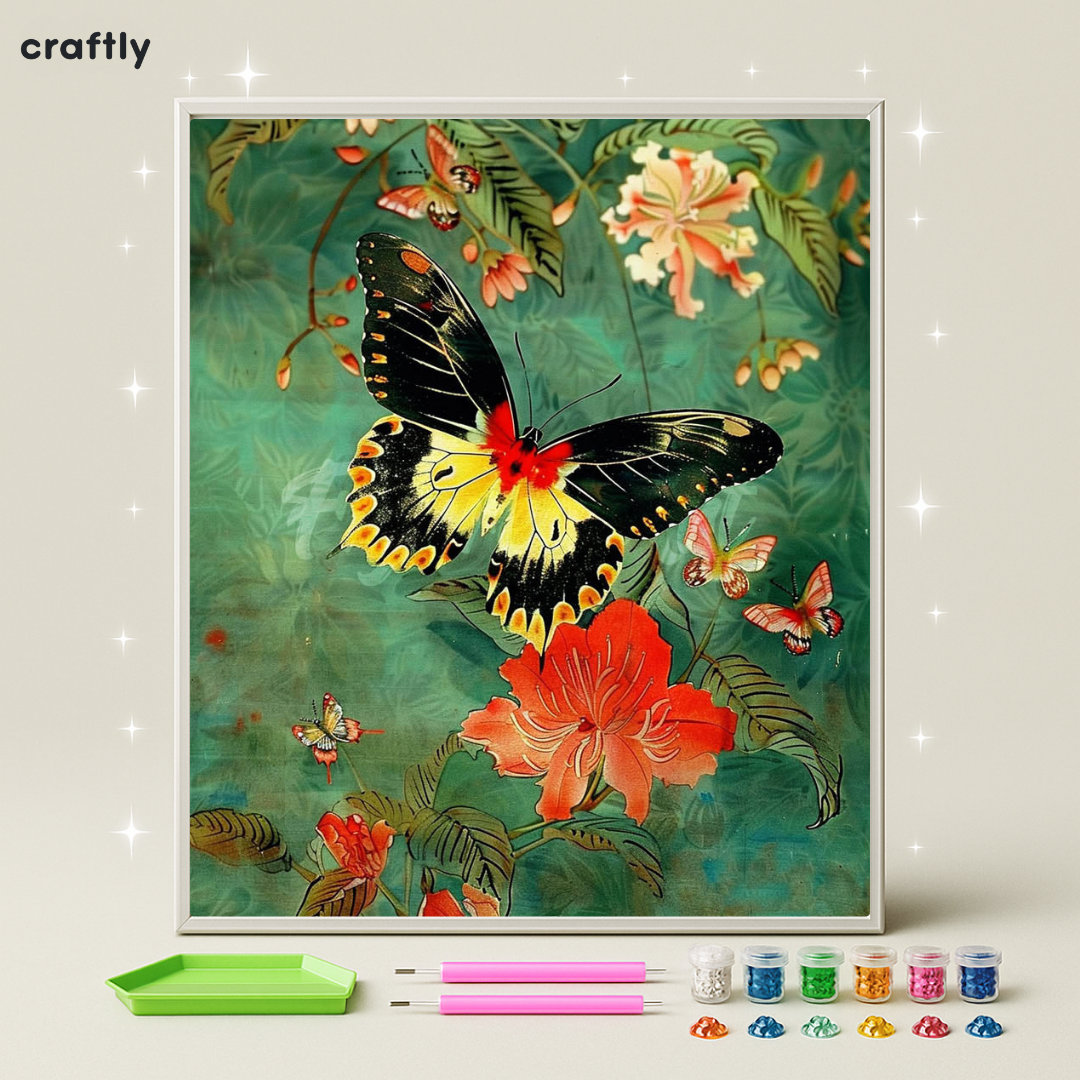 ציור יהלומים -פרפרים על רקע ירקרק-פרחוני