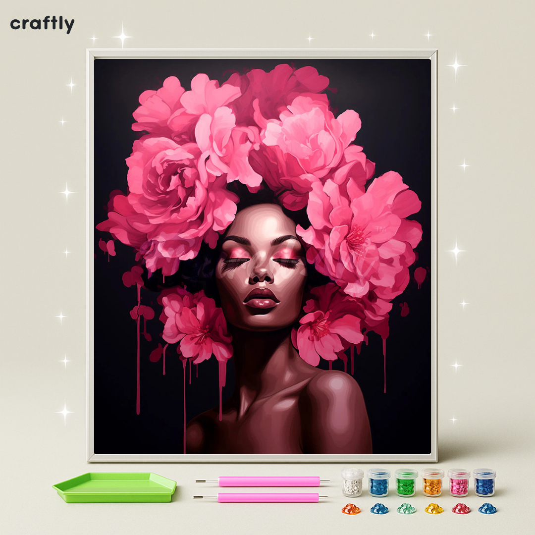 ציור יהלומים - אישה עם כתר פרחים ורודים כהים