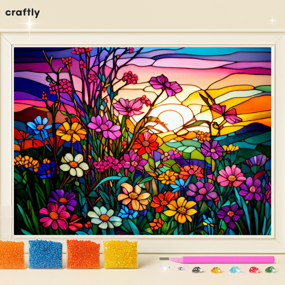 ציור יהלומים – שדה פרחים בזכוכית צבעונית