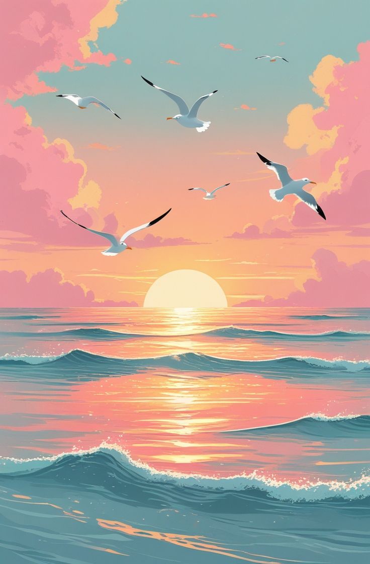 צביעה לפי מספרים - ציור שחפים בשקיעה