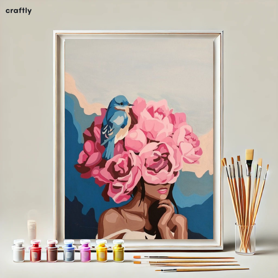 צביעה לפי מספרים - ציור אישה עם פרחים וציפור