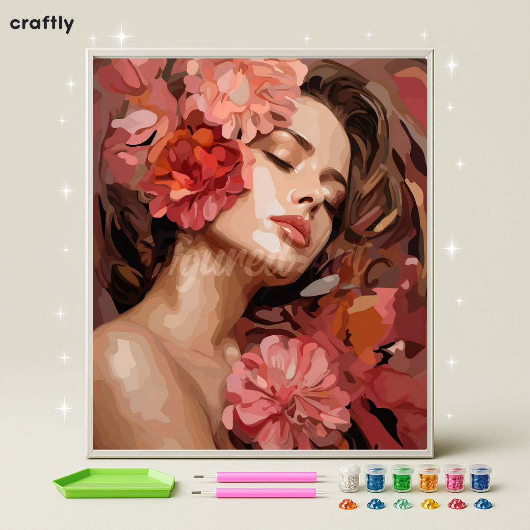 ציור יהלומים - אישה עם פרחי אדום-ורוד