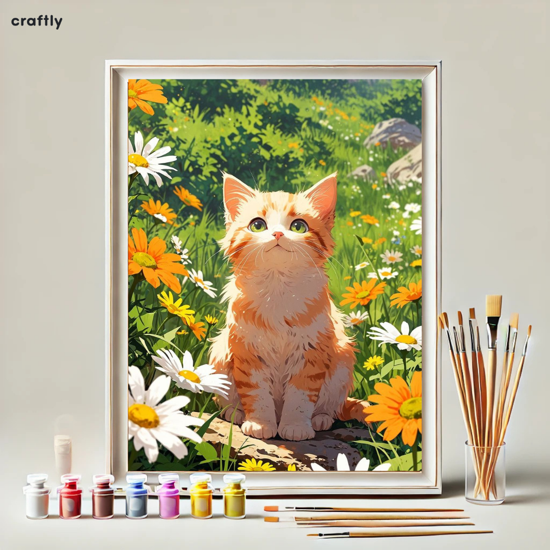 צביעה לפי מספרים – חתול בגינה פורחת