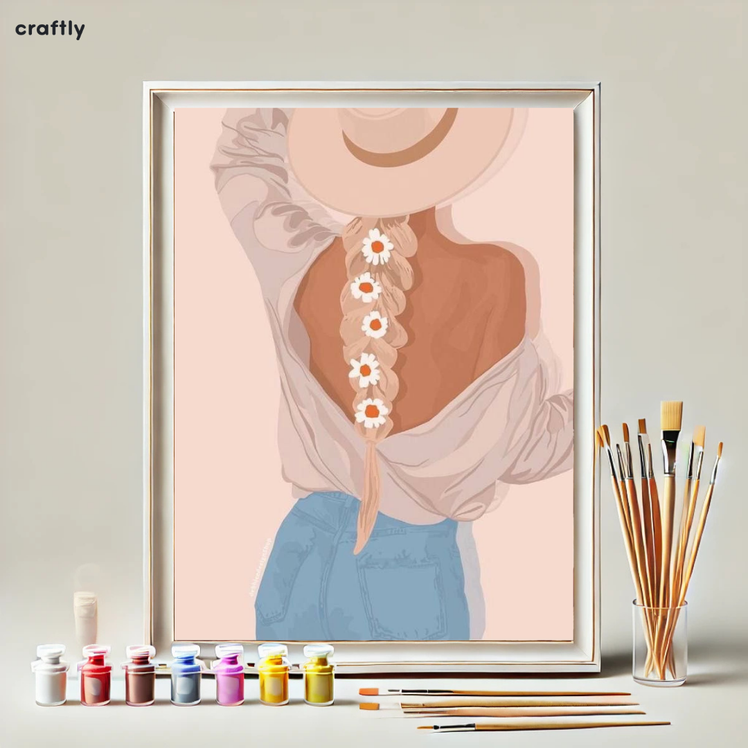 צביעה לפי מספרים - דיוקן נשי עם כובע ופרחים בשיער