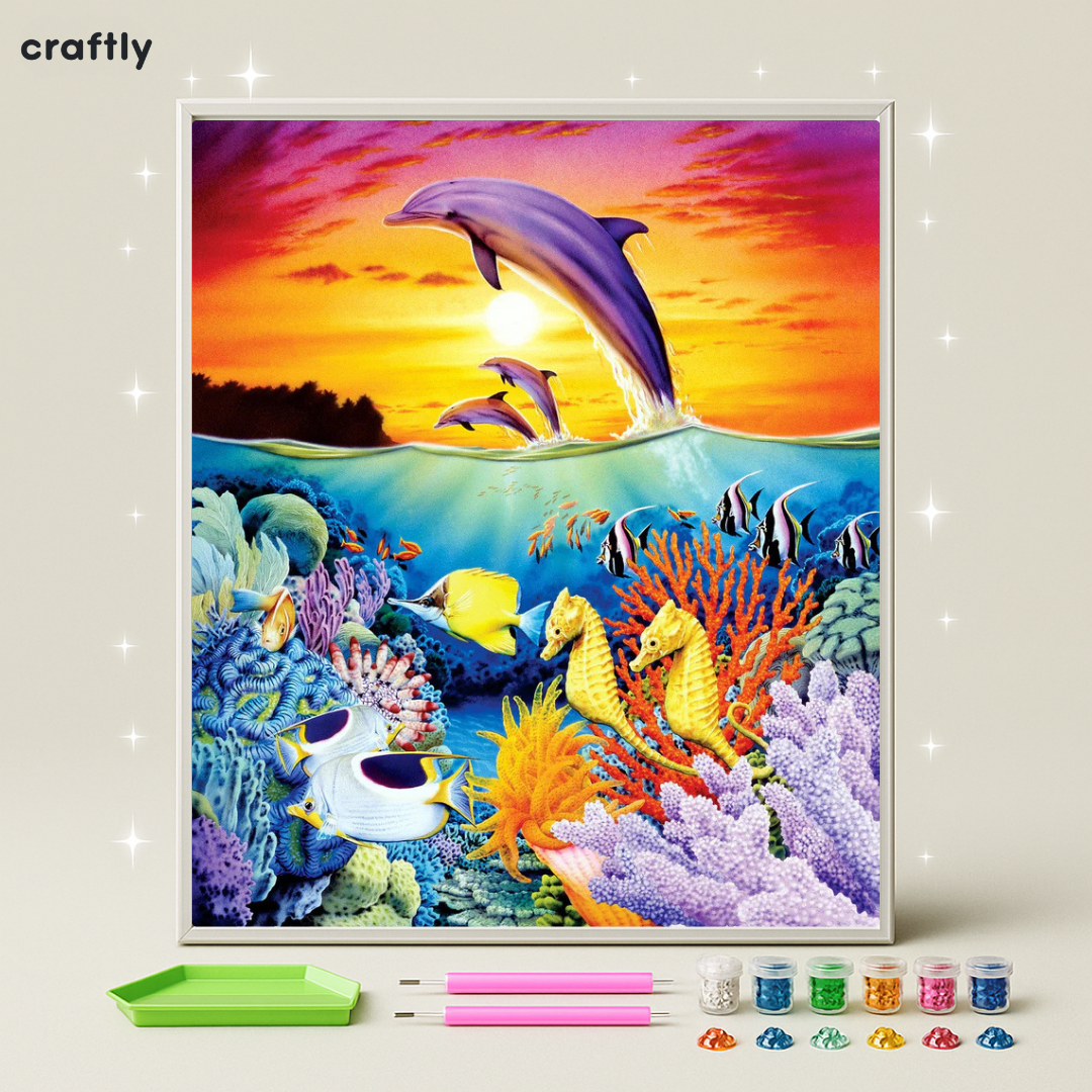 ציור יהלומים - דולפינים בשקיעה