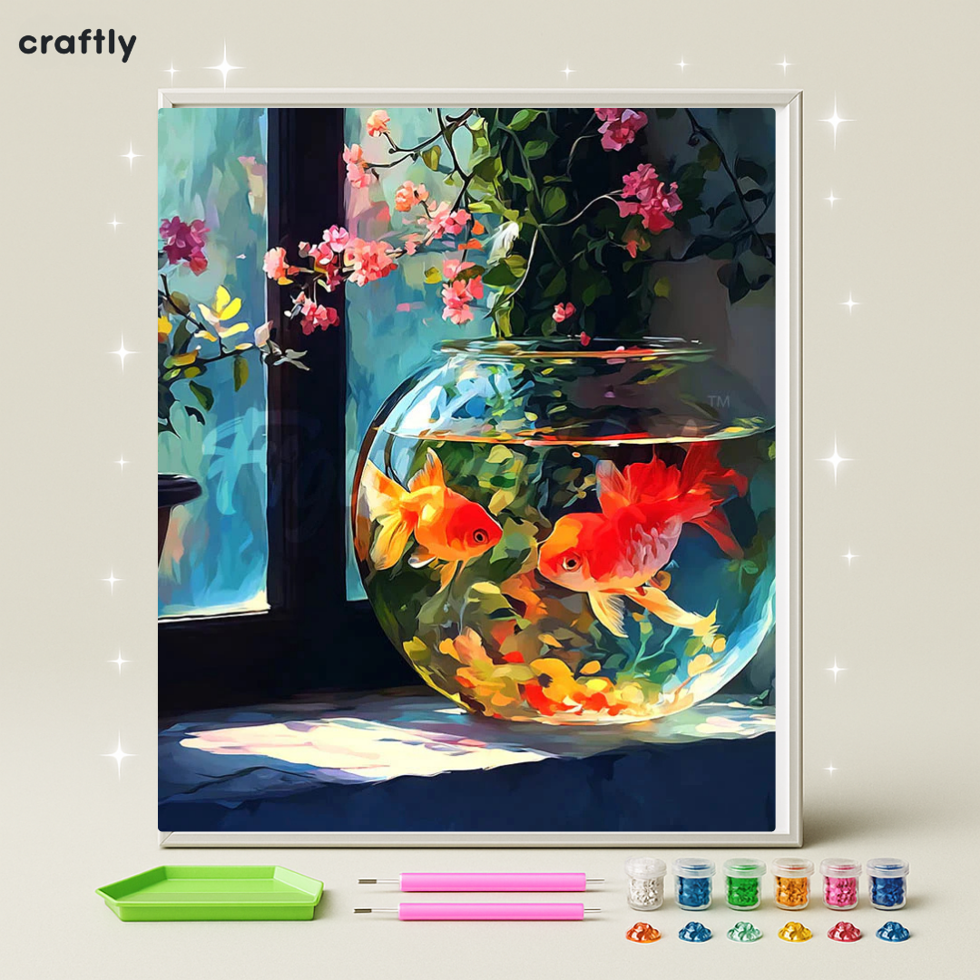 ציור יהלומים - דגי קוי ופרחי לוטוס