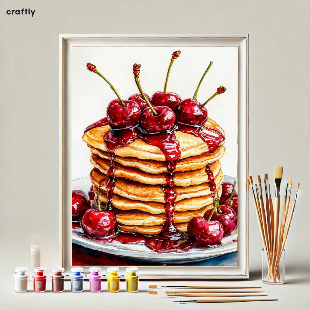 צביעה לפי מספרים – מגדל פנקייקים עם דובדבנים וסירופ מתוק