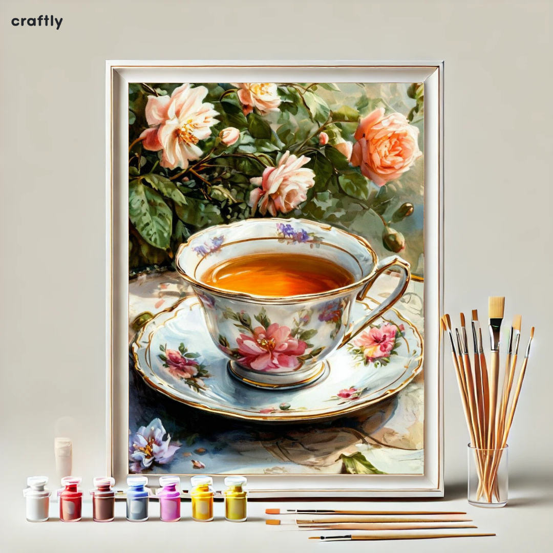 צביעה לפי מספרים – ציור כוס תה פרחונית באווירה קסומה