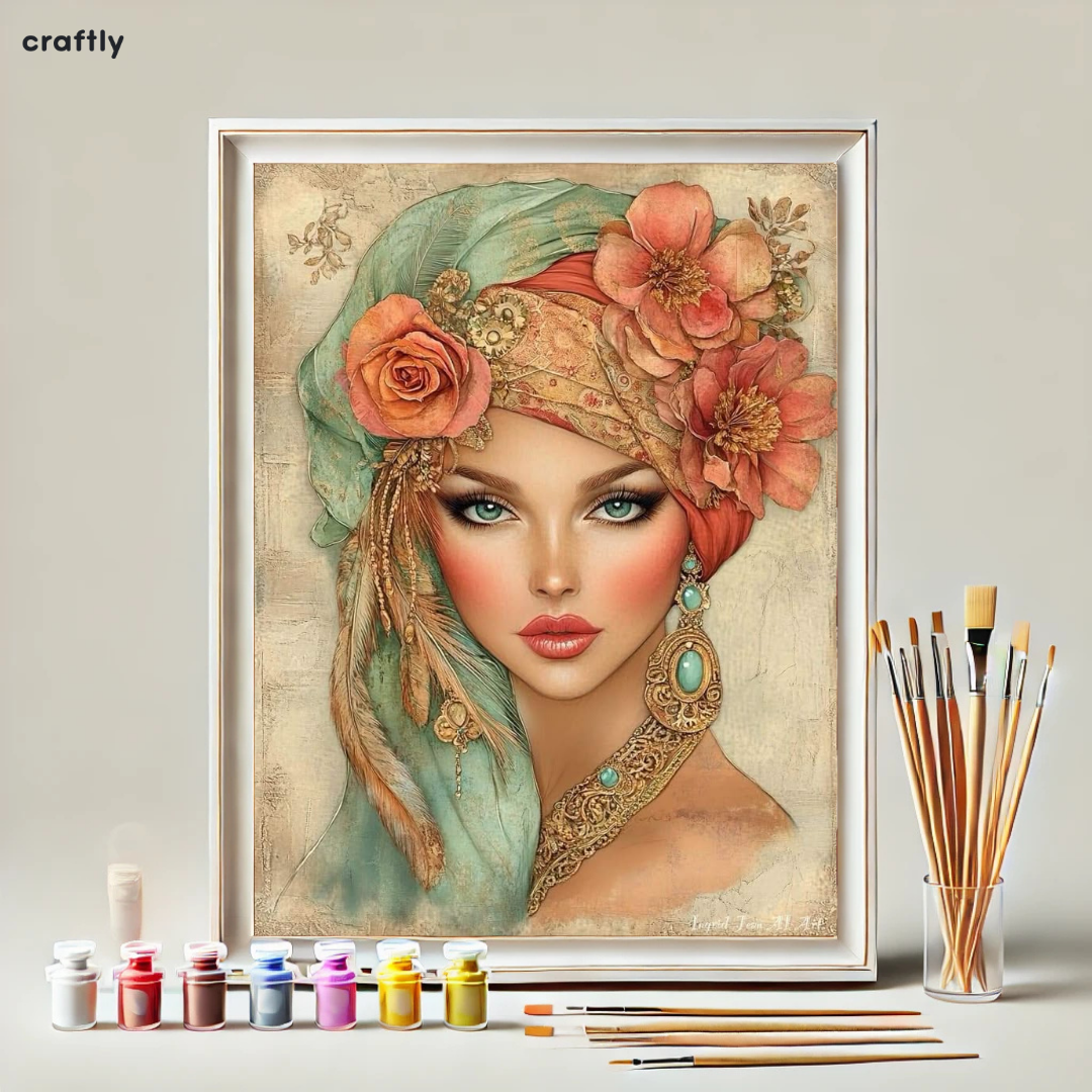 צביעה לפי מספרים – ציור אישה עם צעיף ופרחים