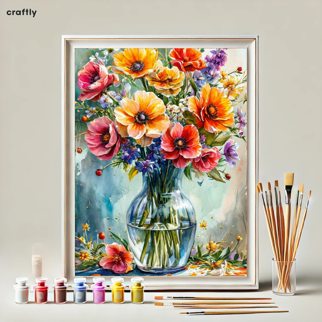 צביעה לפי מספרים – ציור זר פרחים צבעוני באגרטל זכוכית