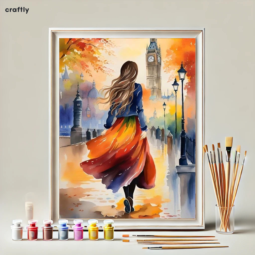 צביעה לפי מספרים – ציור אישה מטיילת בסתיו בלונדון