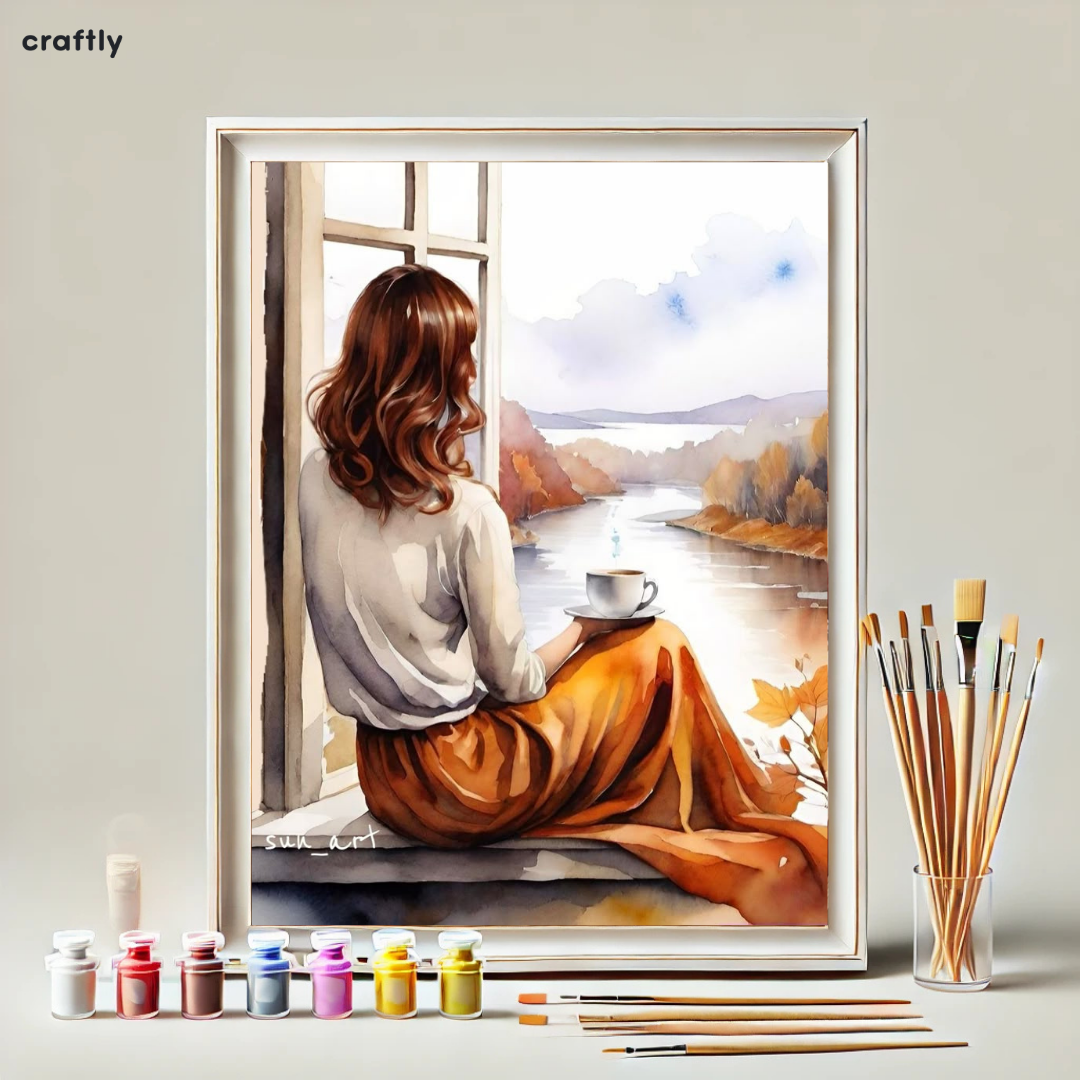 צביעה לפי מספרים – ציור אישה חולמת ליד חלון בסתיו