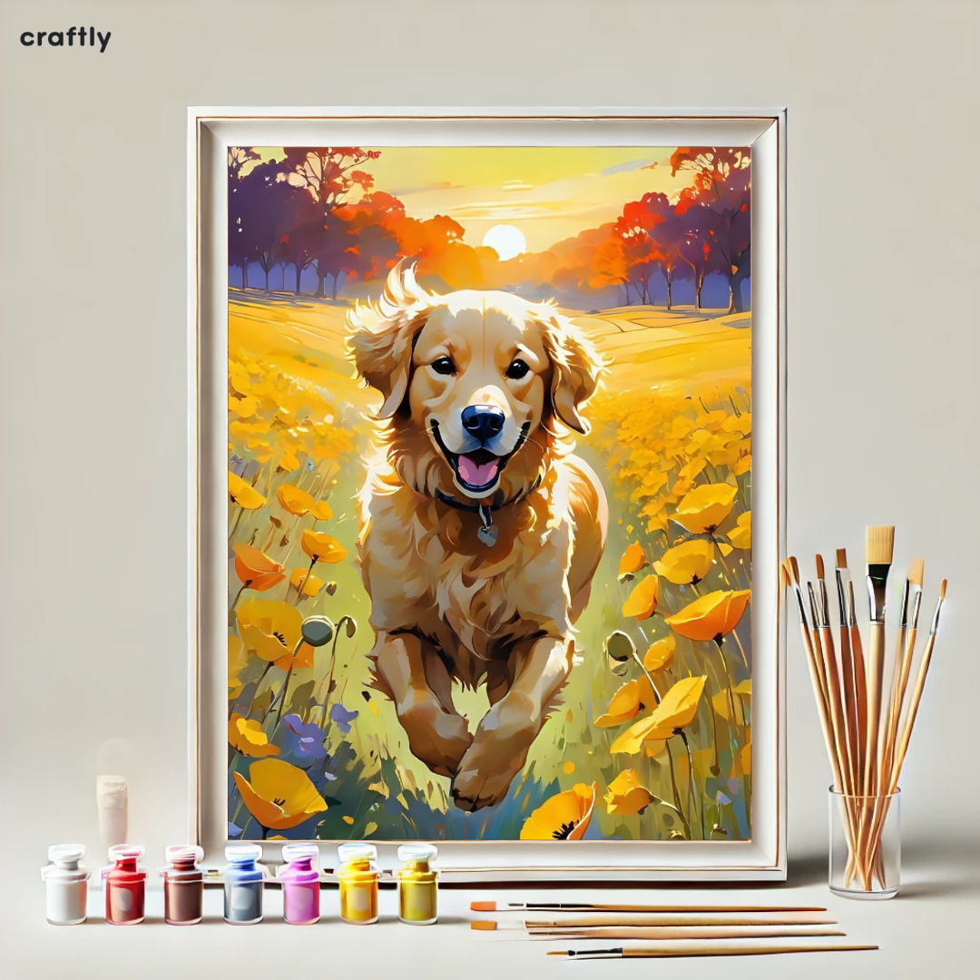 צביעה לפי מספרים – ציור כלב רץ בשדה פרחים בשקיעה
