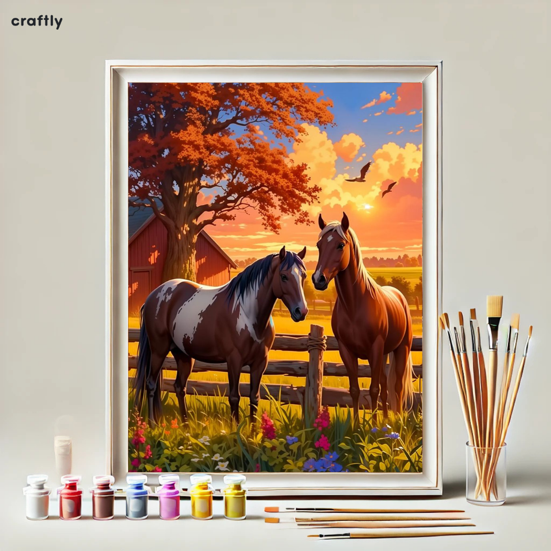 צביעה לפי מספרים – ציור שני סוסים בחווה בשקיעה