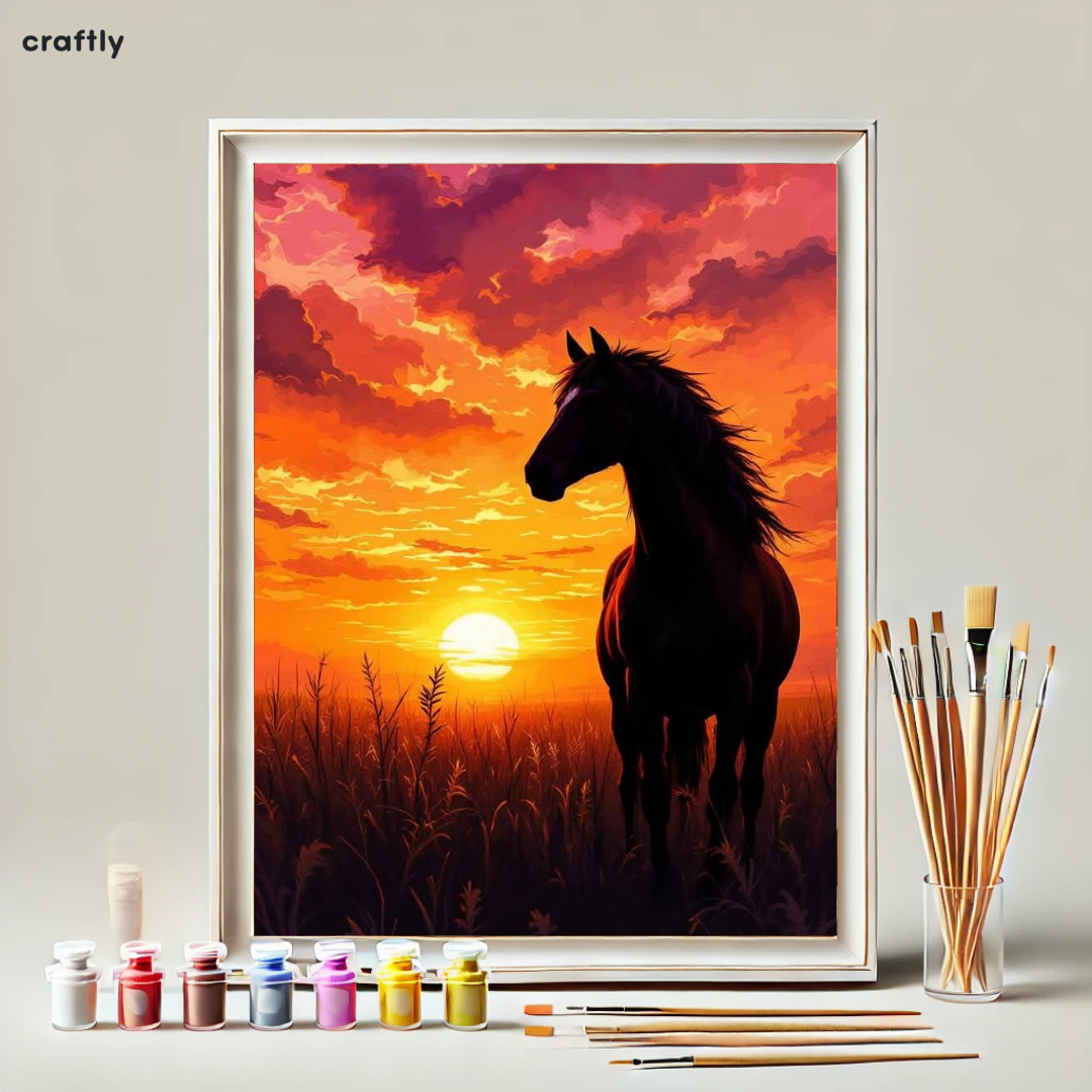 צביעה לפי מספרים – ציור סוס פראי בשקיעה דרמטית
