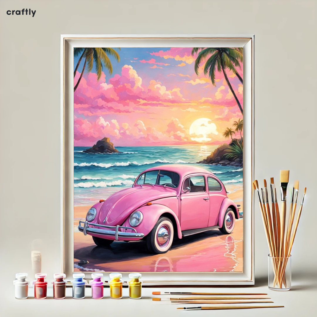 צביעה לפי מספרים – ציור חיפושית ורודה על חוף טרופי