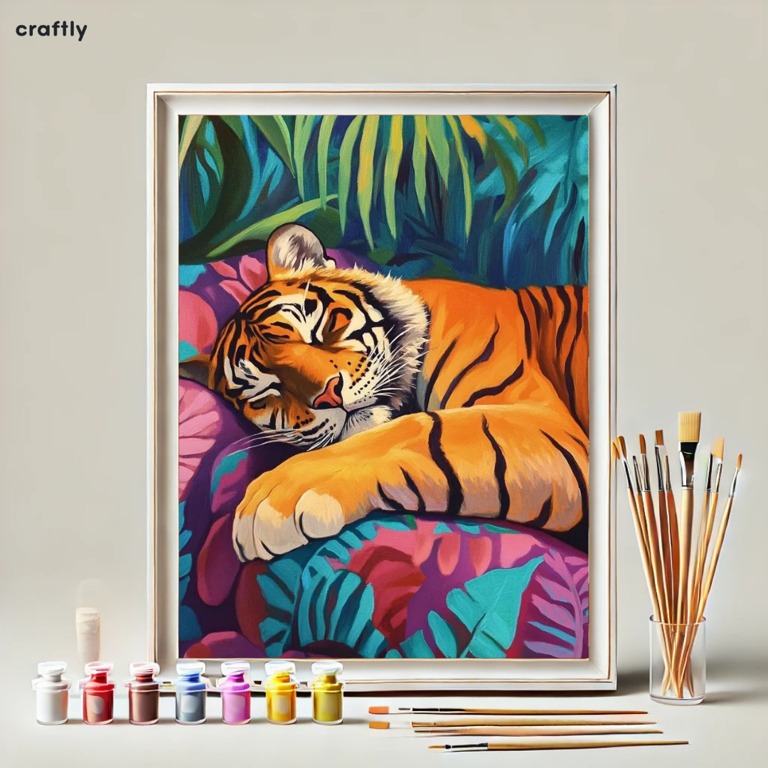 צביעה לפי מספרים – ציור טיגריס נם בג׳ונגל טרופי