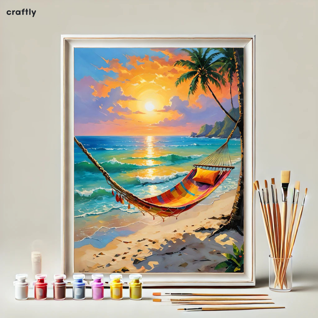 צביעה לפי מספרים – ציור ערסל טרופי מול שקיעה בים