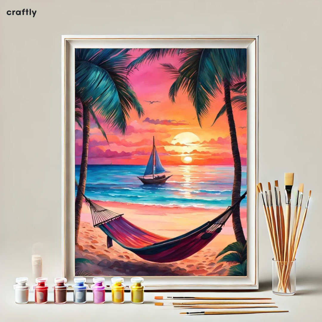 צביעה לפי מספרים – ציור ערסל על חוף הים בשקיעה