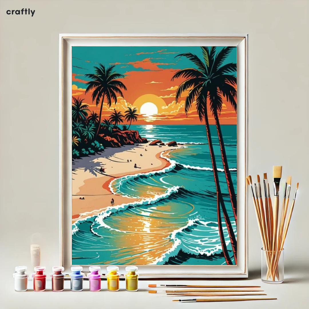 צביעה לפי מספרים – ציור חוף גלים ושקיעה טרופית