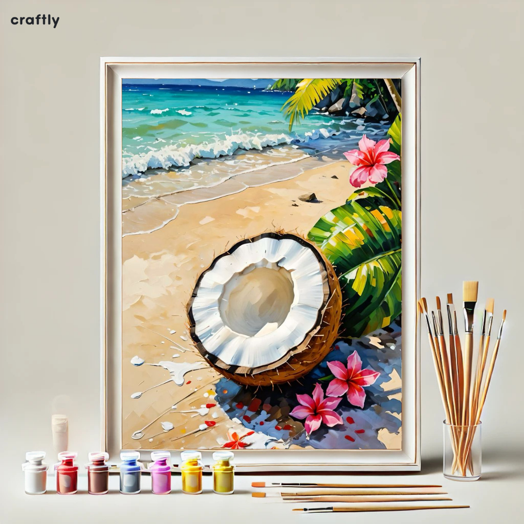צביעה לפי מספרים – ציור חוף טרופי עם קוקוס ופרחים אקזוטיים