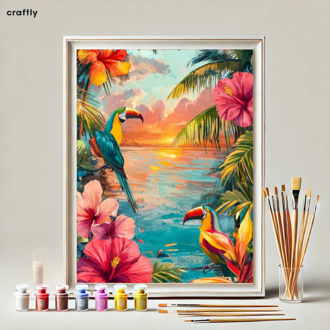 צביעה לפי מספרים – ציור טרופי עם תוכים