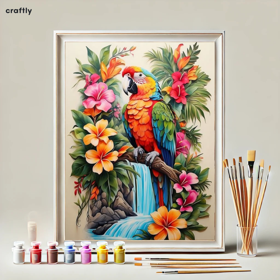 צביעה לפי מספרים – תוכי צבעוני עם מפל קסום ופרחים אקזוטיים