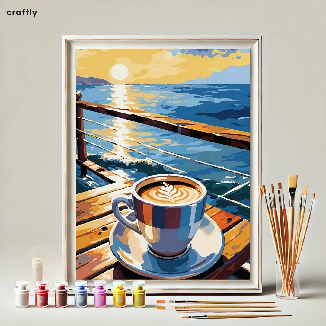 צביעה לפי מספרים – כוס קפה מפנקת מול זריחה