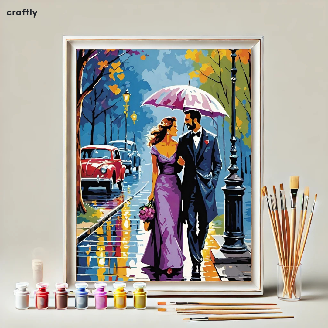 צביעה לפי מספרים – ציור זוג רומנטי בגשם