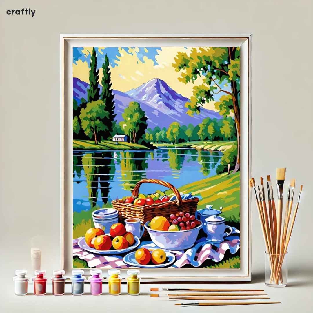 צביעה לפי מספרים - ציור פיקניק בטבע ליד אגם
