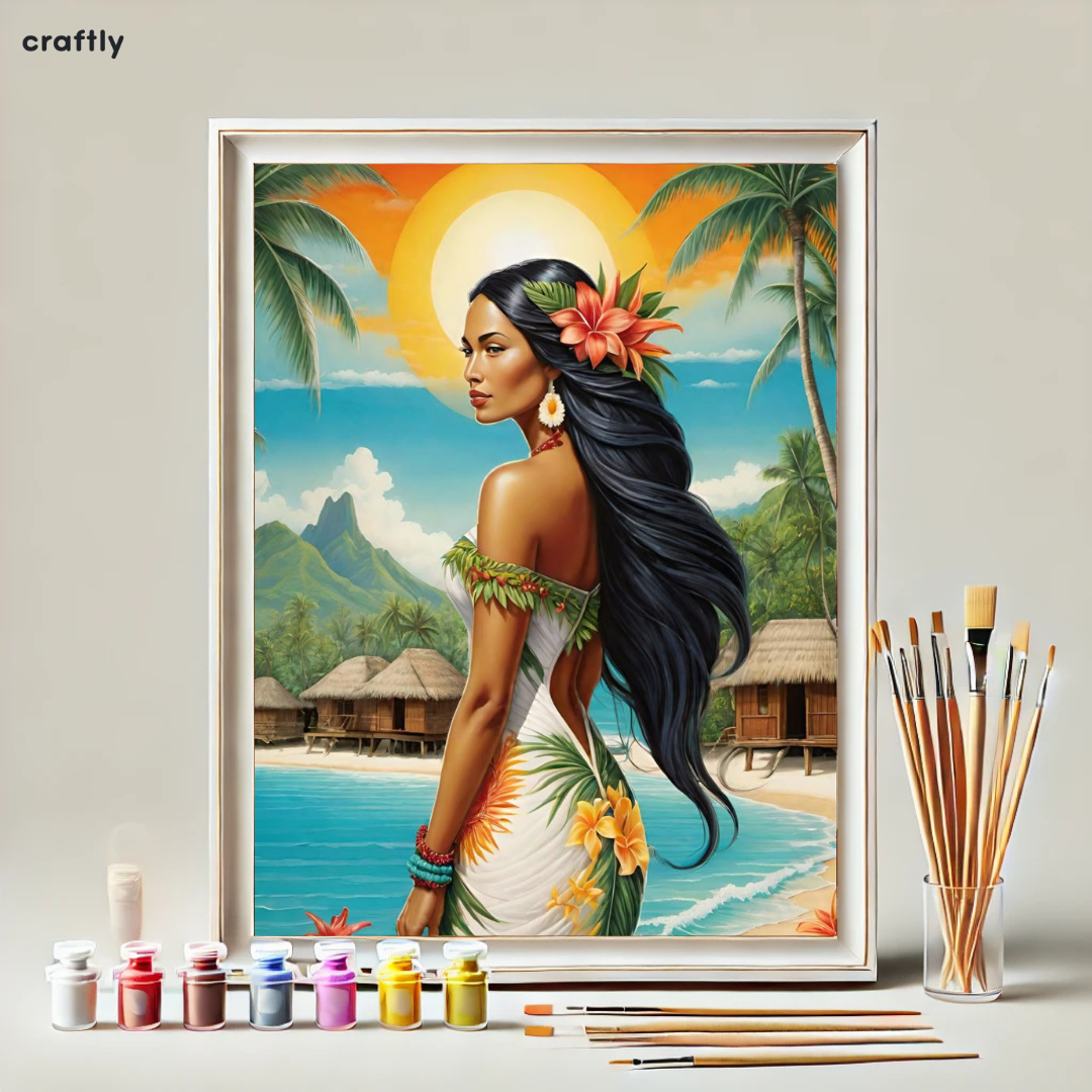 צביעה לפי מספרים - ציור אישה טרופית על חוף הים