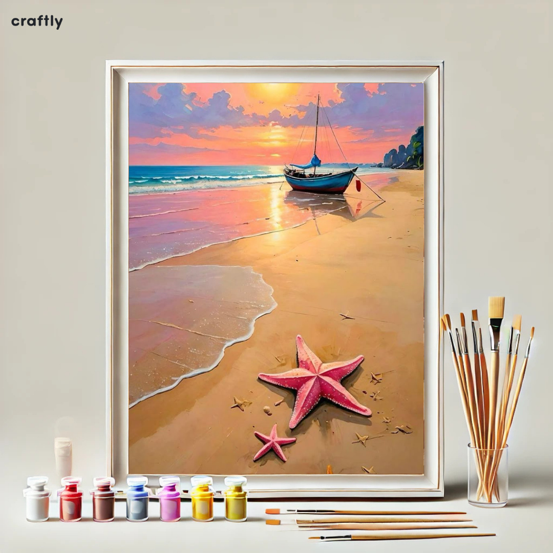 צביעה לפי מספרים - ציור חוף ים בשקיעה עם כוכבי ים