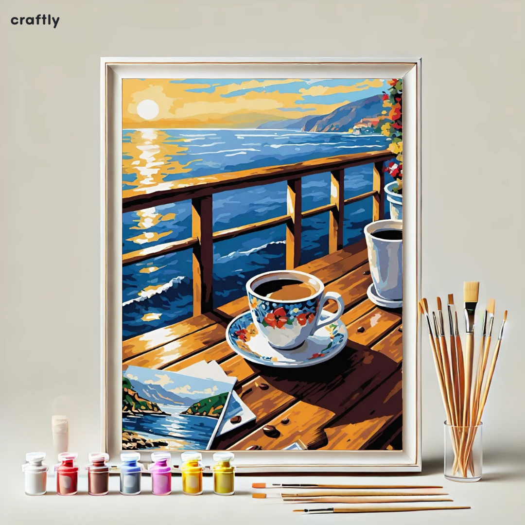 צביעה לפי מספרים - ציור קפה במרפסת מול הים