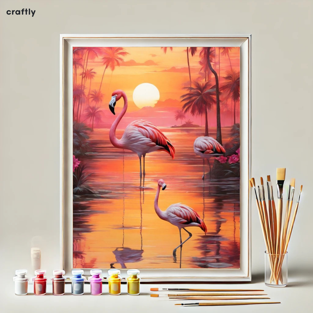 צביעה לפי מספרים - ציור פלמינגו בזריחה טרופית