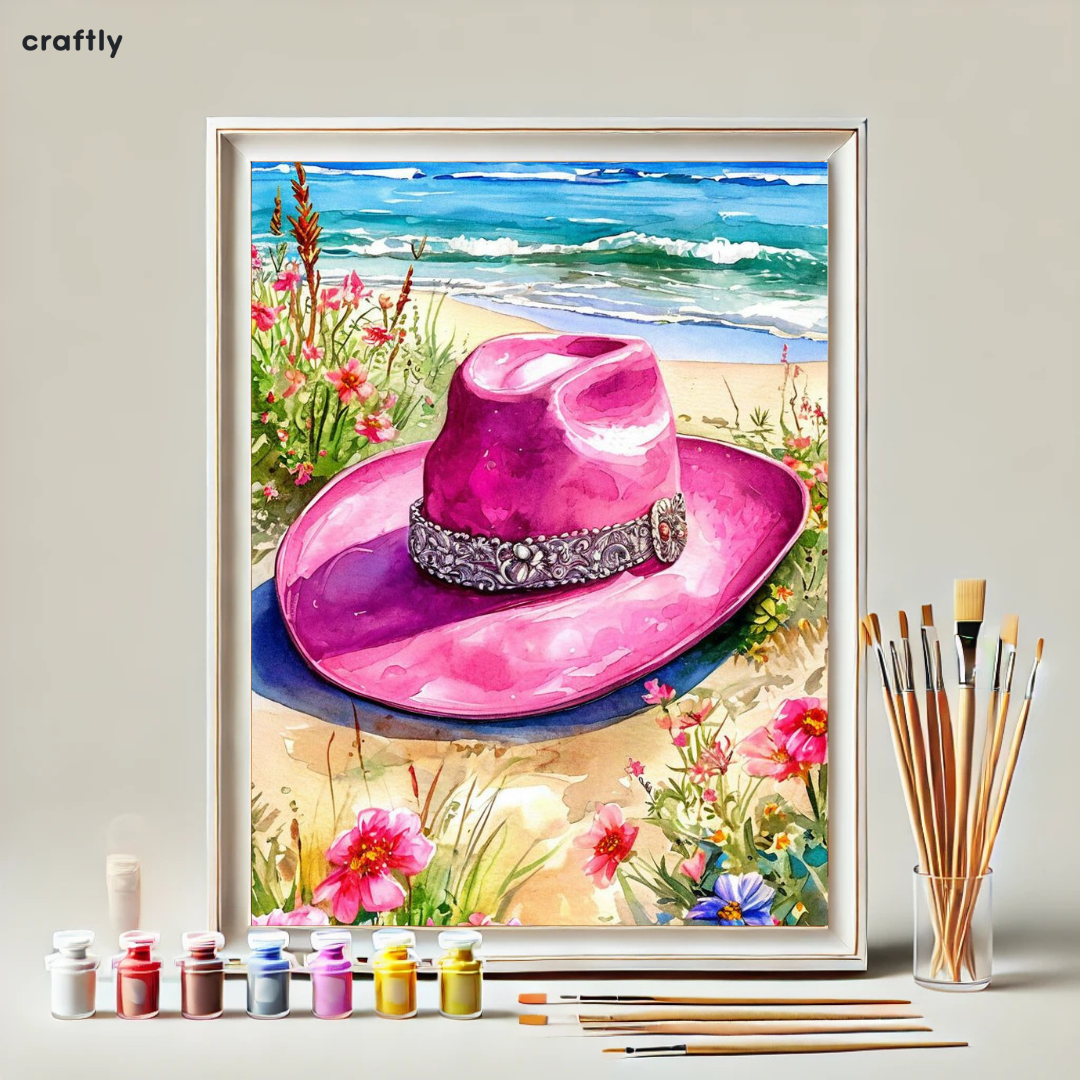 צביעה לפי מספרים - ציור כובע בוקרים ורוד על חוף הים