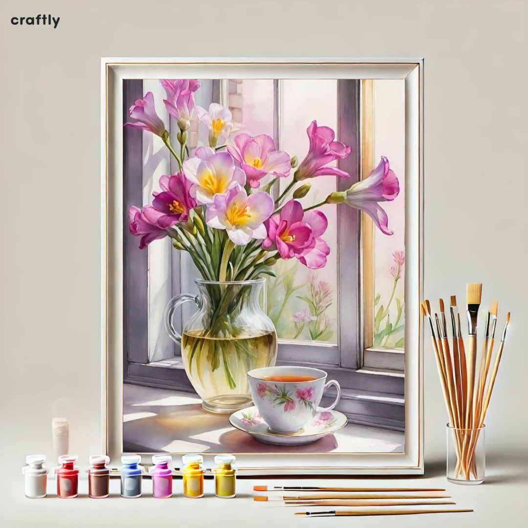 צביעה לפי מספרים - ציור אגרטל עם פרחים וכוס תה