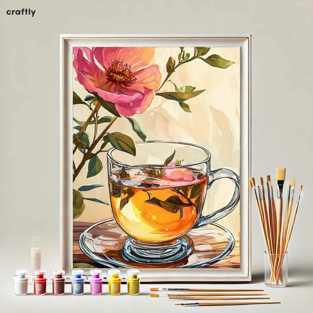 צביעה לפי מספרים - ציור תה פרחים בכוס זכוכית