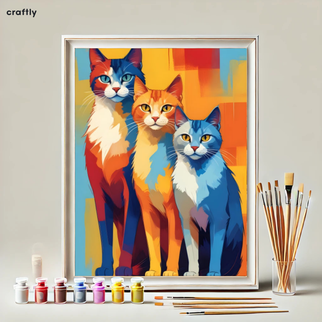 צביעה לפי מספרים - ציור שלושה חתולים בצבעים עזים