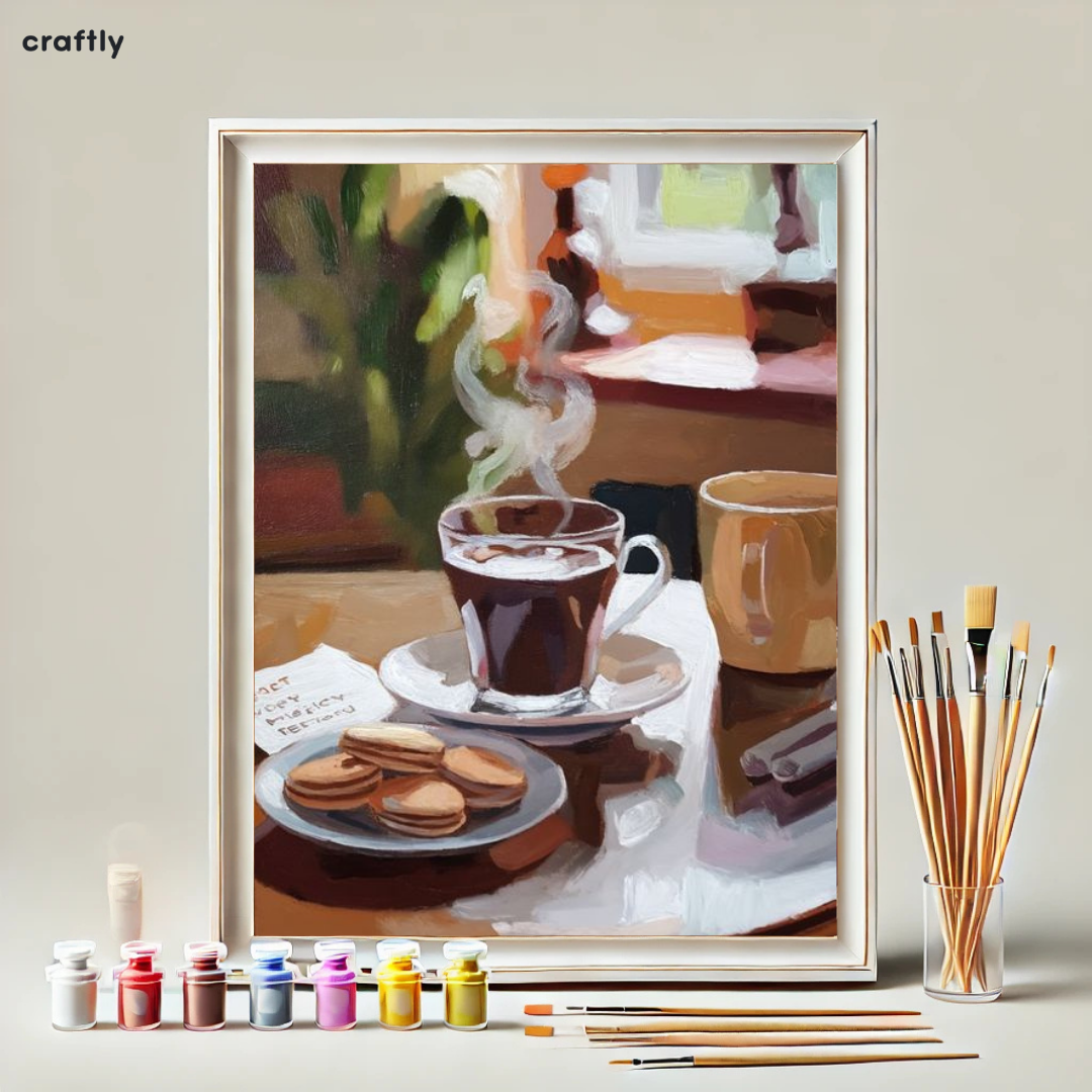 צביעה לפי מספרים - ציור קפה חם עם עוגיות בסביבה חמימה
