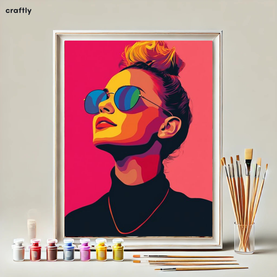 צביעה לפי מספרים - ציור דיוקן פופ-ארט של אישה עם משקפי שמש