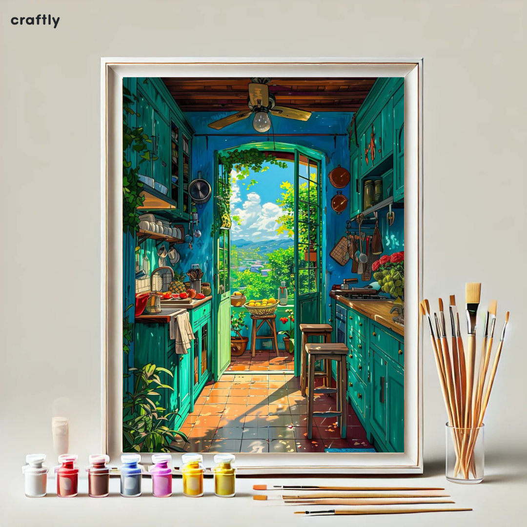 צביעה לפי מספרים - ציור מטבח כפרי ירוק