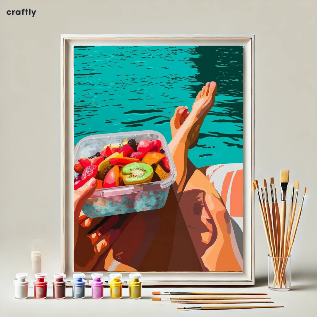 צביעה לפי מספרים - ציור פירות על שפת הבריכה