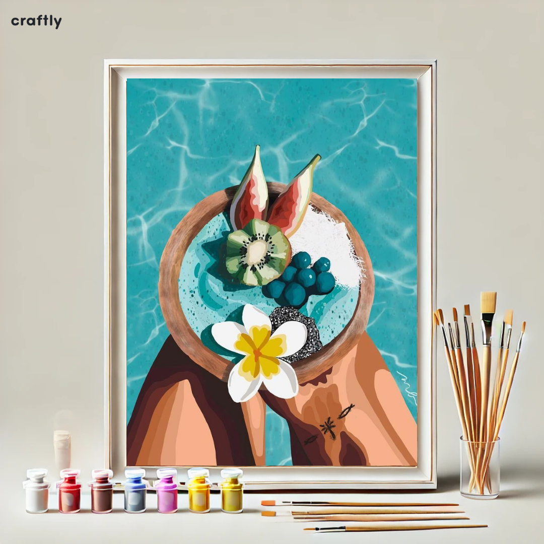 צביעה לפי מספרים - ציור של קערת פירות מול הבריכה